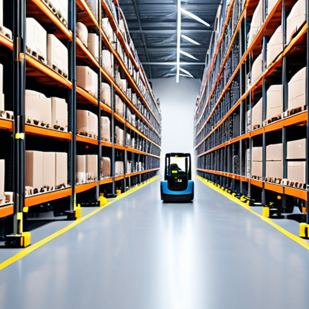 **A modern warehouse interior filled with automated guided vehicles (AGVs) navigating efficiently through rows of shelving. Bright, clean, and showcasing advanced technology, conveying the concept of 'smart logistics'.**