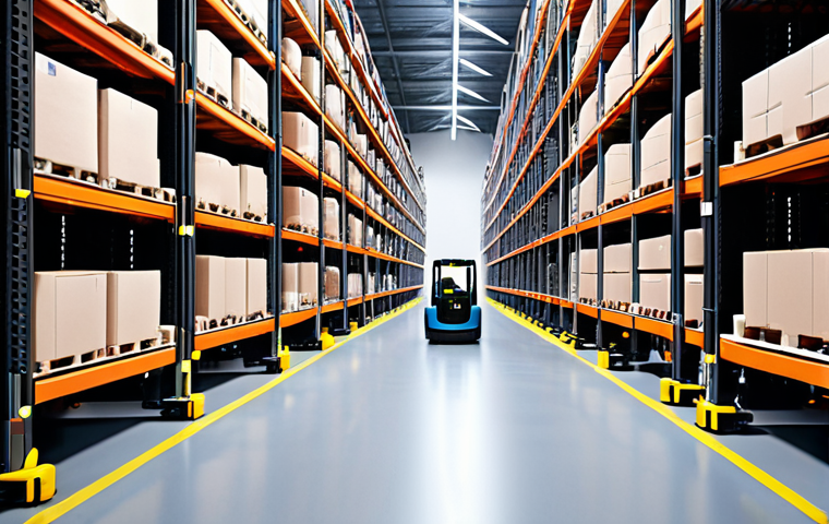 **A modern warehouse interior filled with automated guided vehicles (AGVs) navigating efficiently through rows of shelving. Bright, clean, and showcasing advanced technology, conveying the concept of 'smart logistics'.**