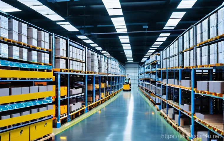 스마트물류 창고 관리 KPI 설정법 - **A modern, brightly lit smart warehouse interior at dawn.** The scene showcases a harmonious blend ...