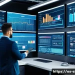 스마트물류 실무 시험 준비 - A modern digital supply chain control room with large interactive screens displaying real-time IoT d...