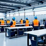 스마트물류 실무 워크숍 후기 - A modern logistics warehouse interior bustling with activity, featuring collaborative human workers ...