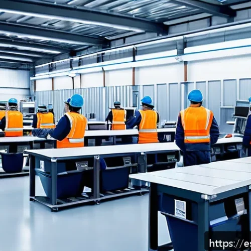 스마트물류 실무 워크숍 후기 - A modern logistics warehouse interior bustling with activity, featuring collaborative human workers ...