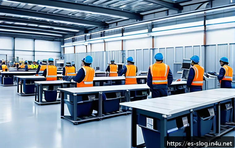 스마트물류 실무 워크숍 후기 - A modern logistics warehouse interior bustling with activity, featuring collaborative human workers ...