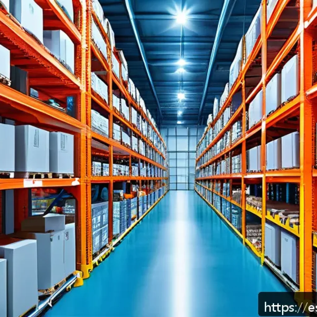 스마트물류 운송 관리의 핵심 개념 - A futuristic warehouse interior featuring advanced automation technology: sleek robots performing pi...