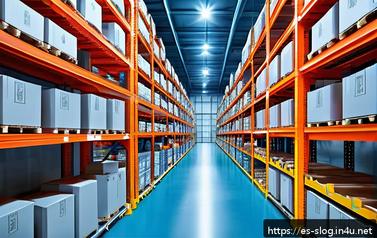 스마트물류 운송 관리의 핵심 개념 - A futuristic warehouse interior featuring advanced automation technology: sleek robots performing pi...