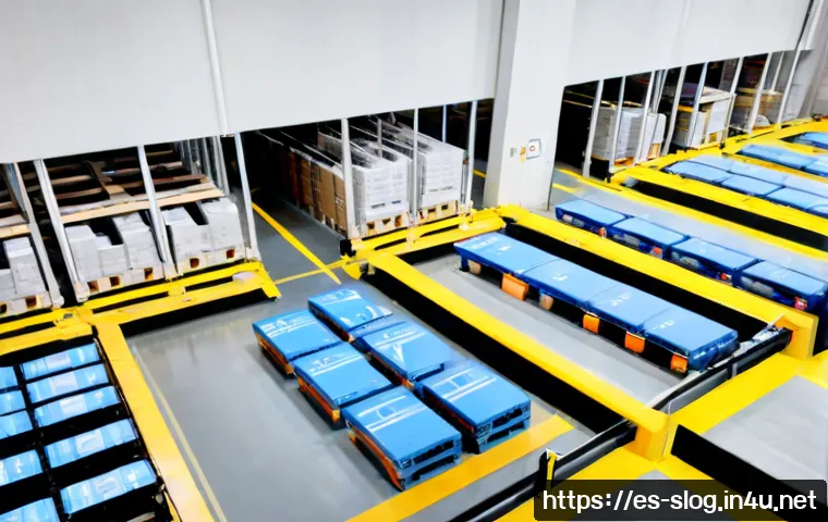 스마트물류 창고 레이아웃 설계 - Photorealistic smart logistics warehouse layout in Spain, high-angle wide view of orderly pallet rac...