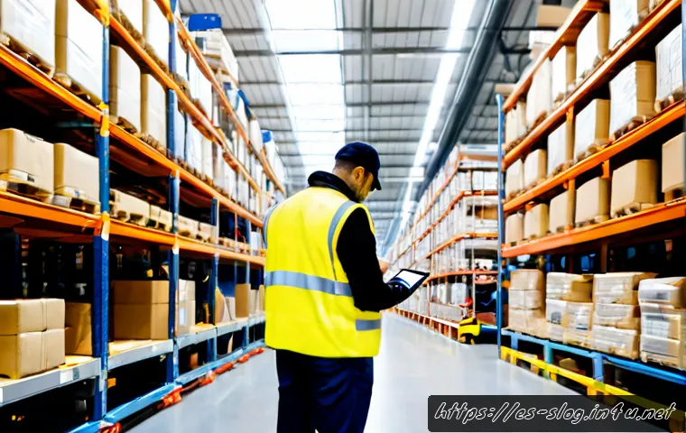 스마트물류 물류 기술의 진화 - Photorealistic smart logistics warehouse in Spain, autonomous mobile robots carrying sealed parcels ...