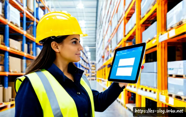스마트물류 시스템 엔지니어의 하루 - Photorealistic smart logistics systems engineer in a modern Spanish distribution warehouse near Vale...